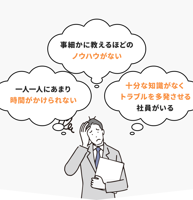 事細かに教えるほどのノウハウがない/一人一人にあまり時間がかけられない/十分な知識がなくトラブルを多発させる社員がいる